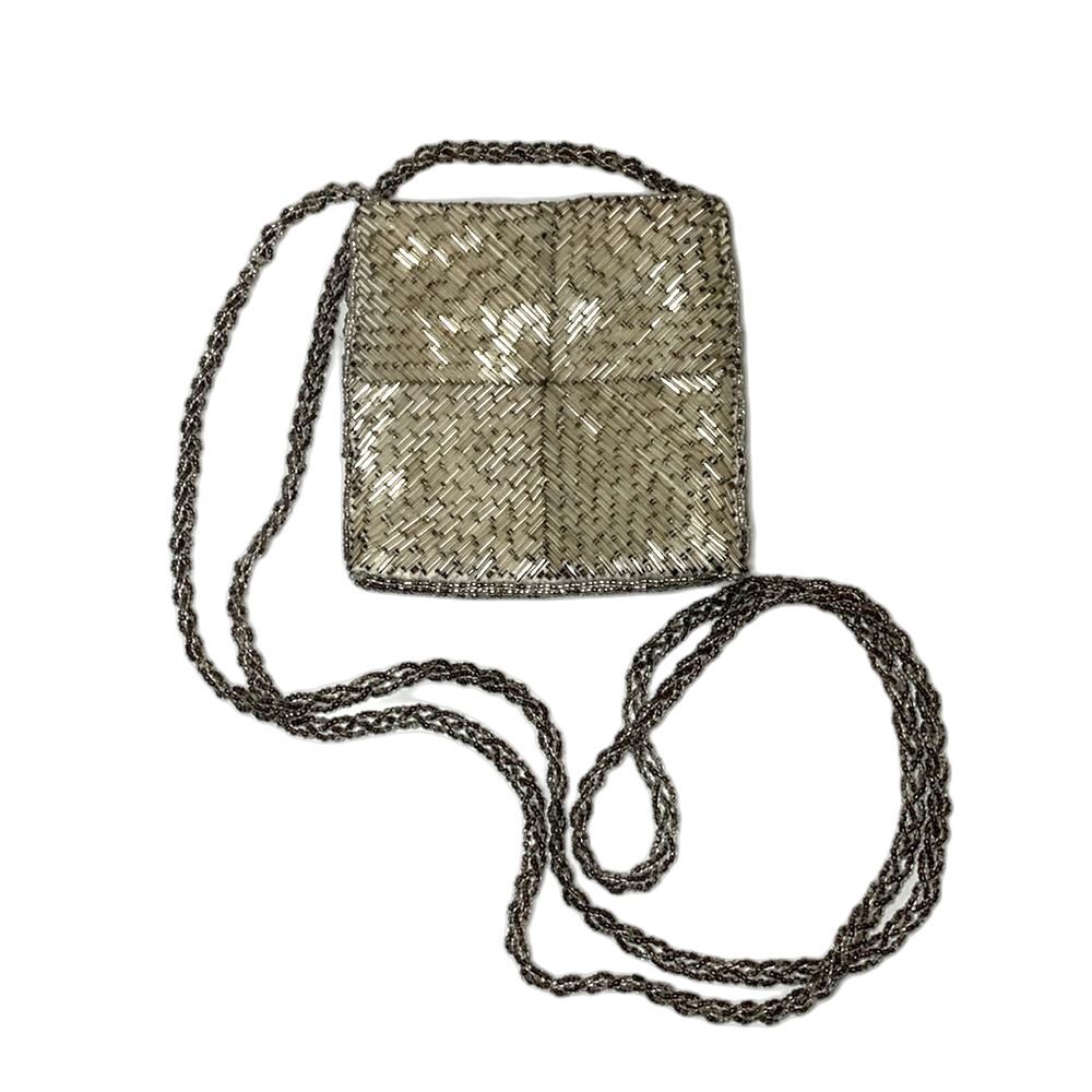 Vintage 60s Dark Silver Beaded Square Mini Evening Bag With Chain Shoulder Strap